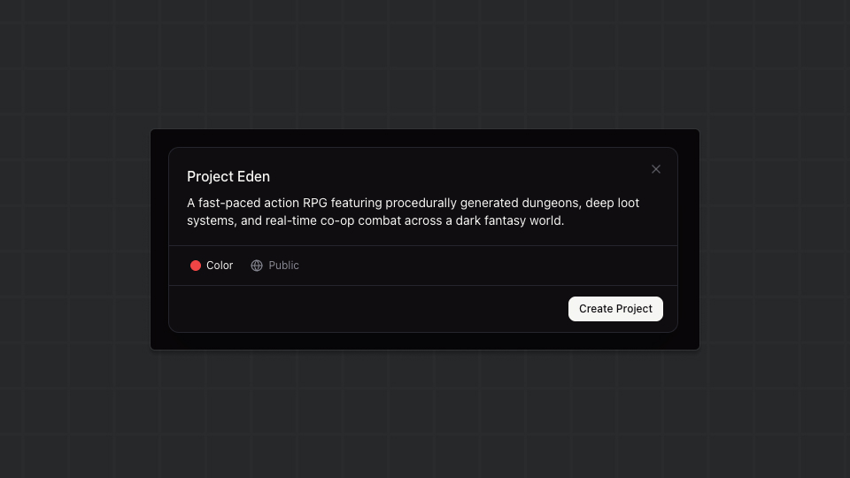 New project dialog with name, URL slug, description, color picker, and visibility toggle