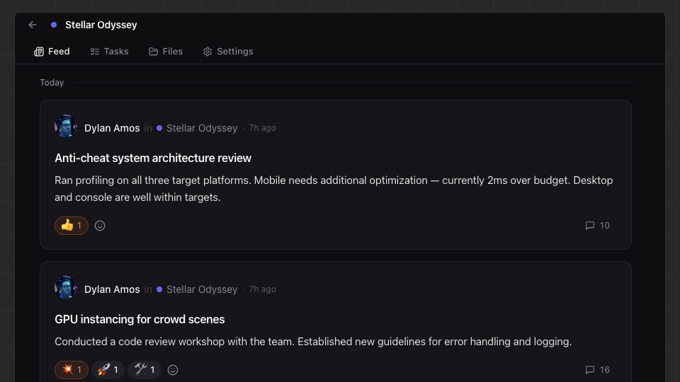 Project feed tab showing posts grouped by date with the quick composer at the top