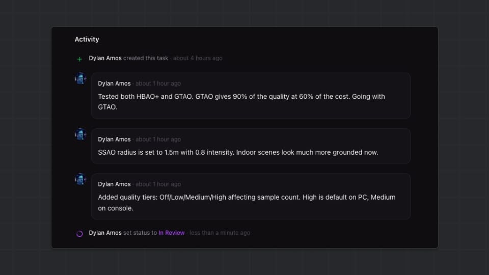 Activity feed showing a mix of status changes, comments, and field updates in chronological order