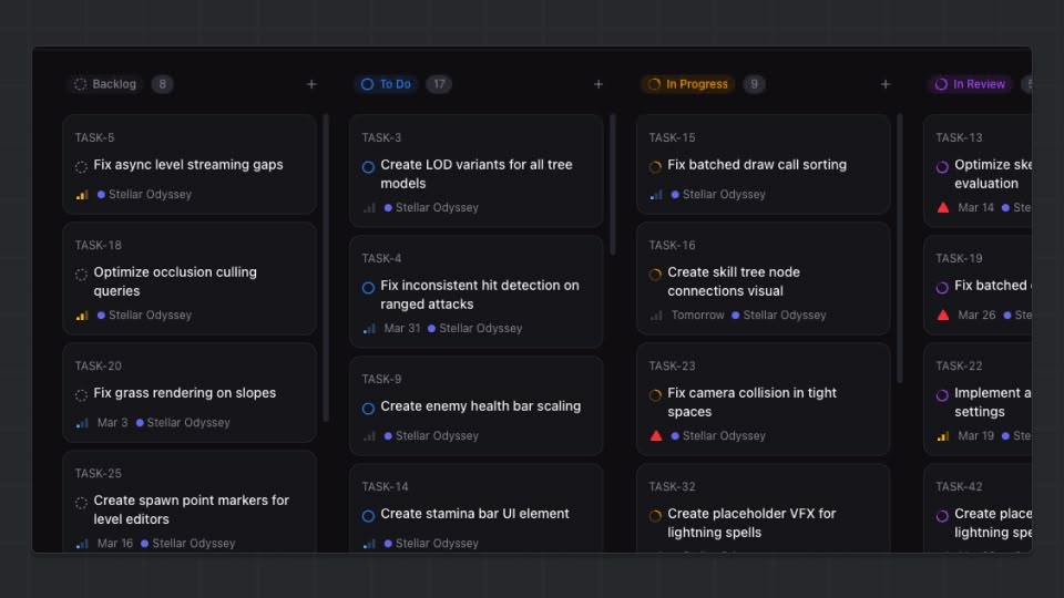 Board view with tasks organized in status columns — drag a card between columns to change its status