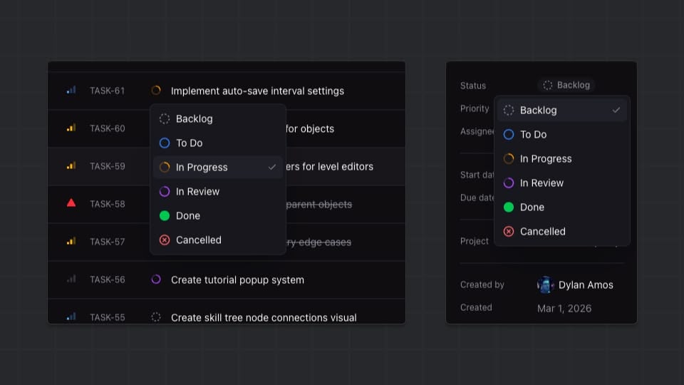 Status picker dropdown showing all six status options with color indicators