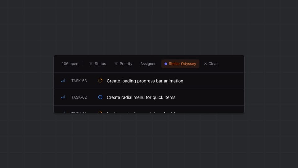 Filter popover open with status checkboxes, and active filter chips displayed below the toolbar