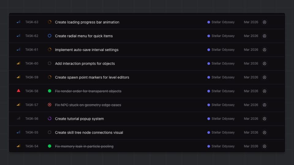 List view showing tasks in a dense table with priority, status, title, assignee, and project columns