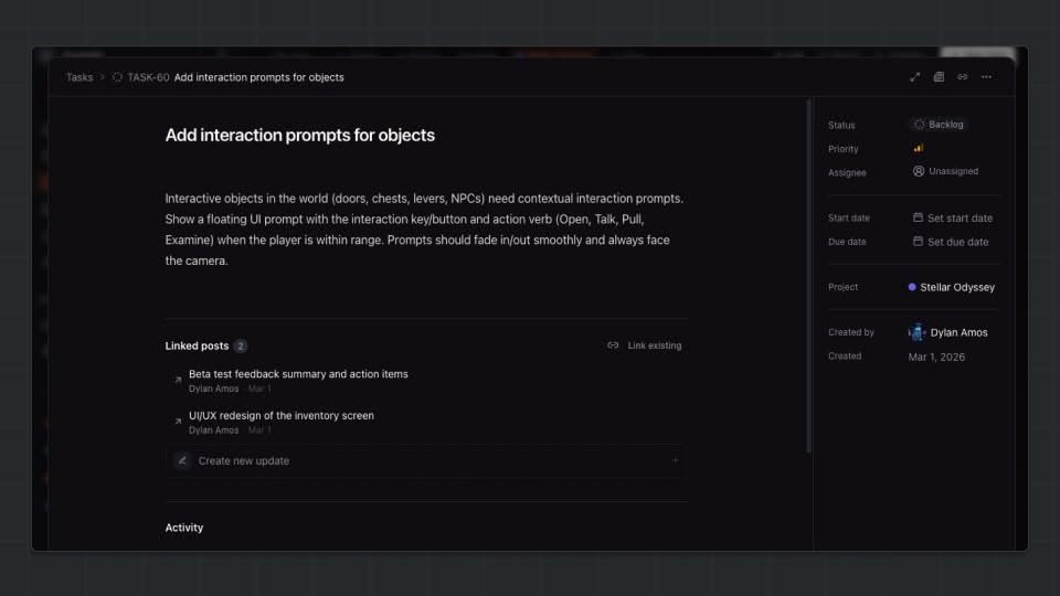 Task detail panel showing title, description, linked posts, activity feed, and metadata sidebar