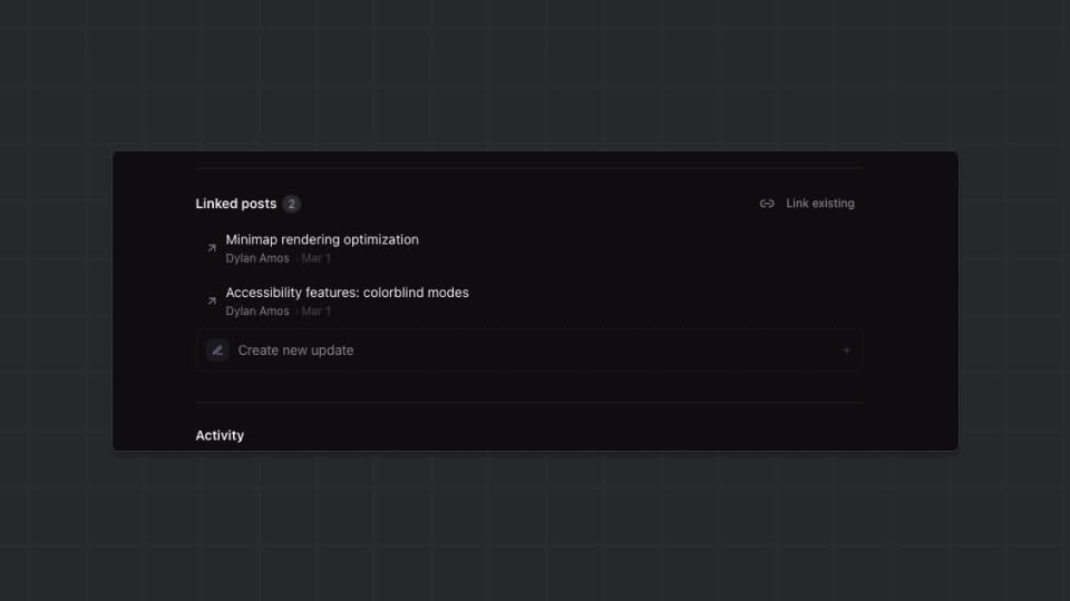Linked Posts section on a task detail page with link existing button and linked post cards